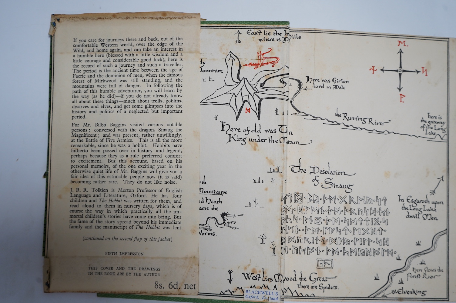 Tolkien J.R.R - The Hobbit, 2nd edition, 5th. impression, colour frontispiece, illustrations, map endpapers, top edge green, original green pictorial cloth, unclipped dust jacket, 8vo, George Allen & Unwin, London, 1951.